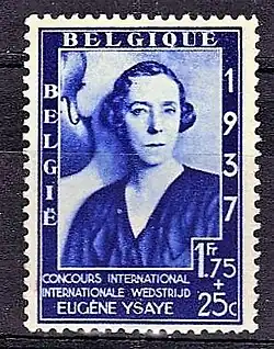 Timbre de 1 franc 75 centimes, avec surcharge de 25 centimes, portrait monochrome, en bleu, de la reine, avec la mention Concours international Internationale Wedstrijd Eugène Ysaÿe