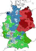 Religion en Allemagne. Le bleu représente les régions majoritairement protestantes, le vert représente les régions majoritairement catholiques et le rouge représente les régions majoritairement irréligieuses.
