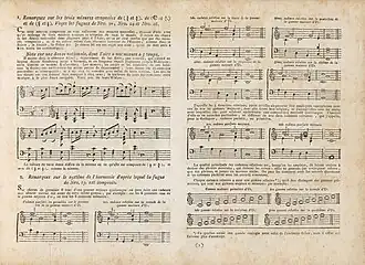 Page imprimée sur deux colonnes avec des exemples musicaux