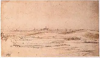 Rembrandt : Vue de Haarlem avec le domaine de Saxenburg  au premier plan, musée Boijmans van Beuningen (dessin).