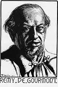 Gravure en noire et blanc du portrait d'un homme chauve aux grosses lèvres et barbu, orienté de trois-quart vers la droite, avec le sous-titre « Remy de Gourmont » en lettres capitales.