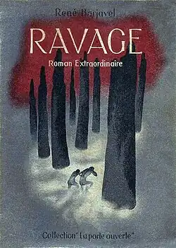 Illustration représentant deux petites silhouettes humaines, courbées, nues et vues de dos, qui avancent au milieu de grands troncs d'arbres calcinés.