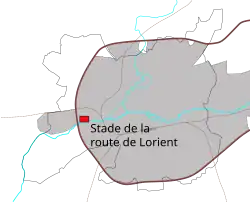 Plan désignant l'emplacement du Roazhon Park dans l'Ouest de l'agglomération rennaise.