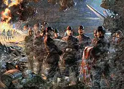 Peinture d'un groupe de soldats en uniforme, entourant un cercueil qu'ils portent à bout de bras. À droite un homme porte un drapeau de la marine impériale.