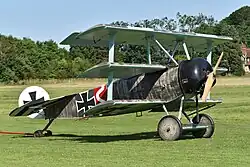 Photo couleur d'un avion triplan au sol.