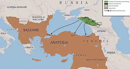 Expulsion des Circassiens de l'Empire russe (la Circassie en vert) vers l'Empire ottoman (brun), 1864-1867.