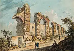 Peinture du XVIIIe&nbsp;siècle représentant les ruines d'arches en maçonnerie de grand appareil, esquissant le début d'un pont ruiné.