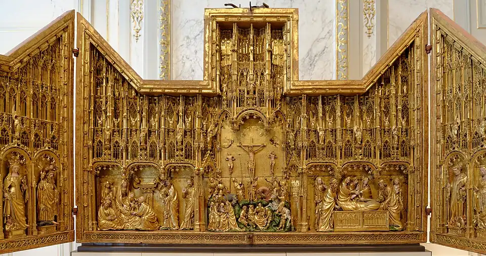 Retable de la Crucifixion sculpté par Jacques de Baerze et peint par Melchior Broederlam, 1390-1399. Musée des beaux-arts de Dijon.