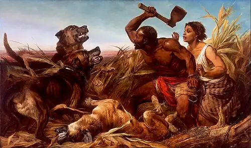 The Hunted Slaves, Richard Ansdell, 1861. La peinture montre des esclaves évadés rattrapés des limiers, aux États-Unis.