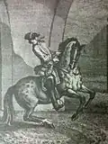 Gravure représentant un cavalier et son cheval dans une piroutte, le cheval fléchi sur ses postérieurs, le tête excessivement fléchie vers la droite.