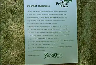 Panneau d'information à l'emplacement du cercueil en pierre de Rijs dans le Rijsterbos&nbsp;(nl) soutenu par la fondation Il Fryske Gea&nbsp;(nl)
