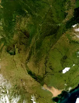 image satellitaire du Rio de la Plata et du cours inférieur du Rio Paraná et du Rio Uruguay qui lui donnent naissance.