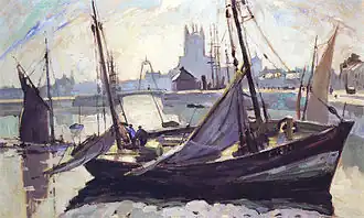 Robert Antoine Pinchon, Barques, Fécamp, 1930, huile sur toile, 98&nbsp;×&nbsp;63&nbsp;cm.