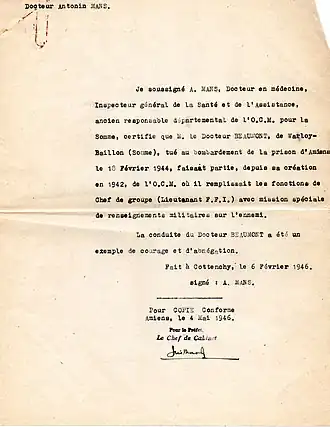 Lettre du docteur Mans à la mémoire de Robert Beaumont.