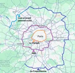 carte des trois principales ceintures de Paris : le Périphérique, l'autoroute A86 et la Francilienne