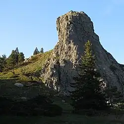 La roche Pointue ou la dent du Diable dans le nord du mont Mézenc.
