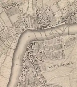 Carte de Chelsea et Battersea, la Tamise au milieu.