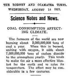 Article de journal néo-zélandais (publié le 14 août 1912) décrivant les principes du réchauffement climatique.