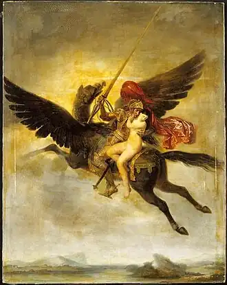 Un homme emmenant une femme sur le dis d'une monture ailée de couleur marron, vue de dos.