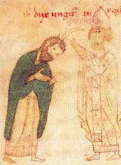 Le roi Roger&nbsp;II de Sicile et Calixte&nbsp;II, par Pierre d'Éboli, 1196.