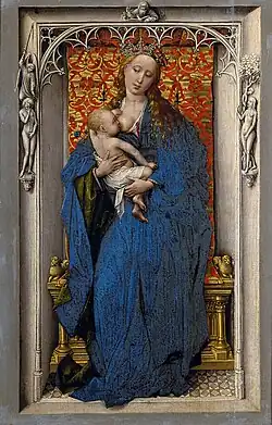 La Madone debout, v. 1430–1432. L'aile gauche du diptyque avec la Vierge à l'enfant debout dans une niche et Sainte Catherine dans un paysage, Kunsthistorisches Museum, Vienne.