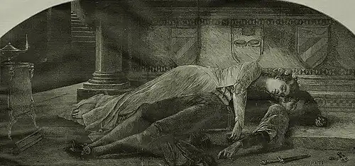 Juliette et Roméo morts, couchés l'une sur l'autre.