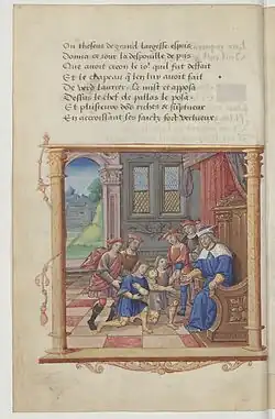 Dans un palais, un personnage sur un trône reçoit deux chevaliers entourés de 5 autres personnages.