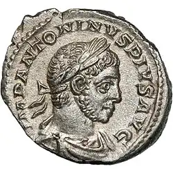 Pièce de monnaie représentant un jeune homme lauré et barbu en buste, avec des inscriptions autour.