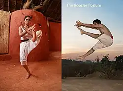 à gauche, une femme sur une jambe croise les bras devant son torse ; à gauche, un homme saute en rapprochant ses mains de ses pieds