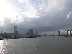 Vue panoramique du paysage urbain de Rotterdam depuis le pont Guillaume (2017) : l'île Noordereiland au premier plan à gauche et les gratte-ciels de Kop van Zuid en arrière plan.