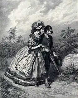 En promenade à la campagne, elle le regarde, le bras passé autour de son coude ; lui a les yeux baissés.