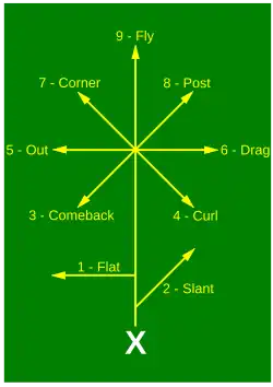 Des flèches représentent les différentes courses d'un receveur de football américain.