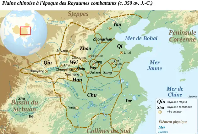 Carte montrant les frontières approximatives des royaumes en présence dans la plaine orientale de la Chine au milieu du 5e&nbsp;siècle avant J.-C.