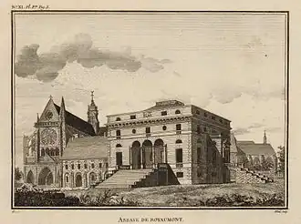 Vue de l'église et du palais abbatial de Royaumont, par Louis-Jean Allais (1790).