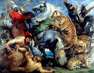 Tableau de Rubens représentant deux tigres, un lion et un léopard attaquant des cavaliers