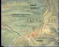 Le Rubicon à son passage à droite de la ville de Césène, à la place du Pisciatello actuel.