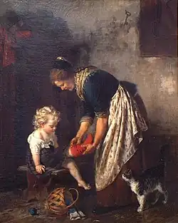 Mère habillant son enfant, huile sur toile, 77&nbsp;×&nbsp;61&nbsp;cm.