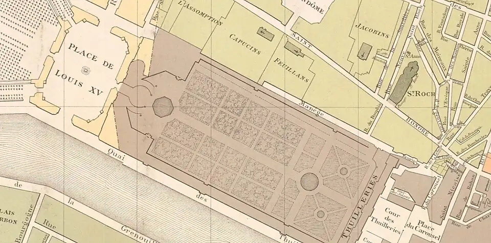 Plan de la zone située entre la place Louis-XV et les rues Saint-Nicaise et de Rohan correspondant aux limites de la première partie de la future rue de Rivoli (1817-1840).