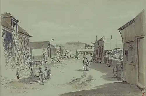 No&nbsp;45 : Roulottes et cabanes en 1896 (dessin de Jules-Adolphe Chauvet).