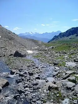Photographie d'un ruisseau dans un vallon, débutant sur des plaques de névés, coulant entre des prairies verdies et un peu rocailleuses, serpentant jusqu'au loin, à l'arrière-plan où on voit des sommets enneigés.