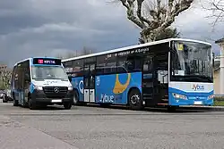 Photographie en couleurs d’un autocar et d’un minibus, tous deux bleus, blancs et noirs, stationnés côte à côte.