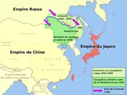 Carte de l'Asie montrant en rouge le Japon et en vert la Mandchourie et les attaques russes sur cette région.