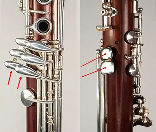 2 clés supplémentaires pour l'auriculaire droit mi&nbsp;/ré et 2 clés do&nbsp;/do au pouce droit (système Boehm, standard)