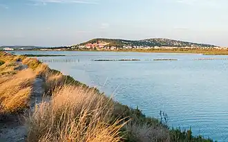 Le Mont Saint-Clair derrière les anciens marais salants