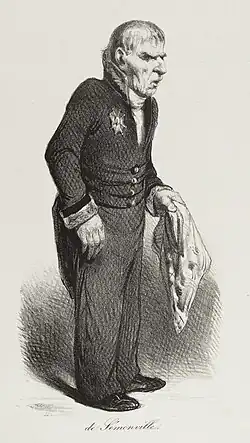 Lithographie par Honoré Daumier, représentant Sémonville âgé en uniforme de grand référendaire, tassé, légèrement vouté