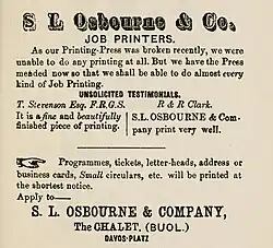 Facsimilé avec éloges d'Osbourne, l'un du père de Stevenson et l'autre de l'imprimeur Clark