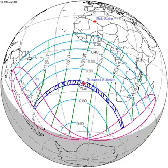 Carte de l'éclipse générale.