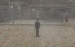 Un exemple de vue à la troisième personne (en haut), qui s'oppose à la vue à la première personne (en bas). Captures d'écran du jeu Sherlock Holmes contre Jack l'Éventreur.