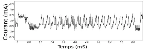 Trace illustrant un ensemble d'opérations DES. Notez que le 16 tours DES sont clairement visibles.