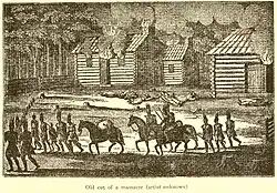 Le départ en captivité d'une partie de la population sous la surveillance d'Amérindiens tel qu'il a pu être vécu.(Gravure anglo-américaine, non datée)